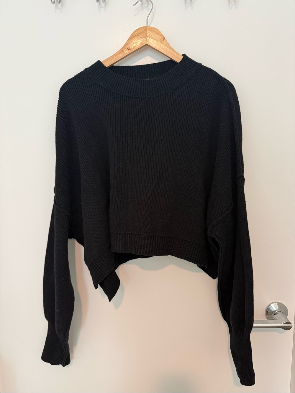 Free People Black Ribbed Cropped Crewneck Sweater